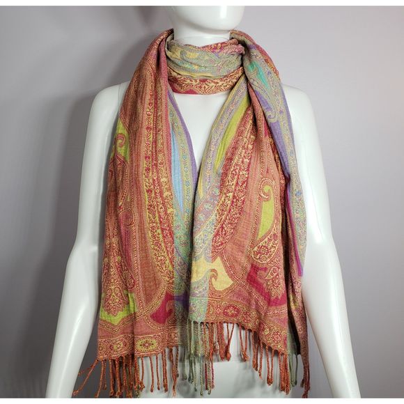 Very Colorful & Versatile Paisley Print 71" x 17" Scarf with 2.5" Tassels - Picture 2 of 16
